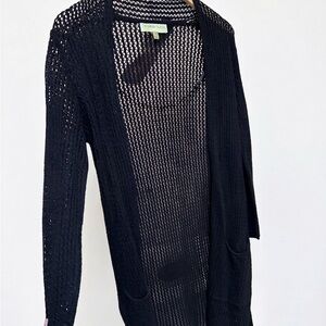 Crochet | Linen Blend Black Open Knit Long Cardigan Sweater